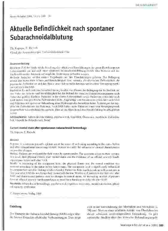 Vorschauseite 1: Aktuelle Befindlichkeit nach spontaner Subarachnoidalblutung