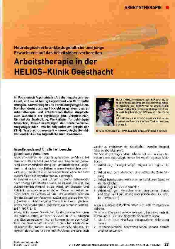 Vorschauseite 1: Neurologisch erkrankte Jugendliche und junge Erwachsene auf das Arbeitsleben vorbereitenArbeitstherapie in der HELIOS-Klinik Geesthacht