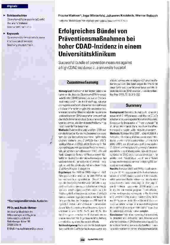 Vorschauseite 1: Erfolgreiches Bündel von Präventionsmaßnahmen bei hoher CDAD-Inzidenz in einem UniversitätsklinikumSuccessfuI bündle of prevention measures against a high CDAD incidence at a univ…