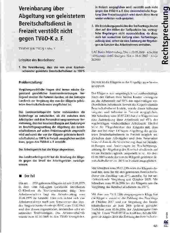 Vorschauseite 1: Vereinbarung über Abgeltung von geleistetem Bereitschaftsdienst in Freizeit verstößt nicht gegen TVöD-K a. F.