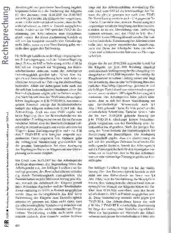 Vorschauseite 2: Vereinbarung über Abgeltung von geleistetem Bereitschaftsdienst in Freizeit verstößt nicht gegen TVöD-K a. F.