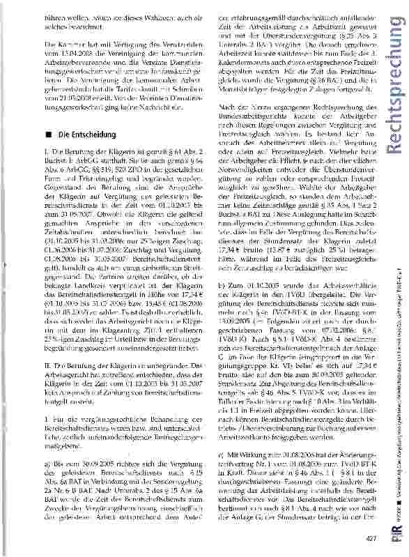 Vorschauseite 3: Vereinbarung über Abgeltung von geleistetem Bereitschaftsdienst in Freizeit verstößt nicht gegen TVöD-K a. F.