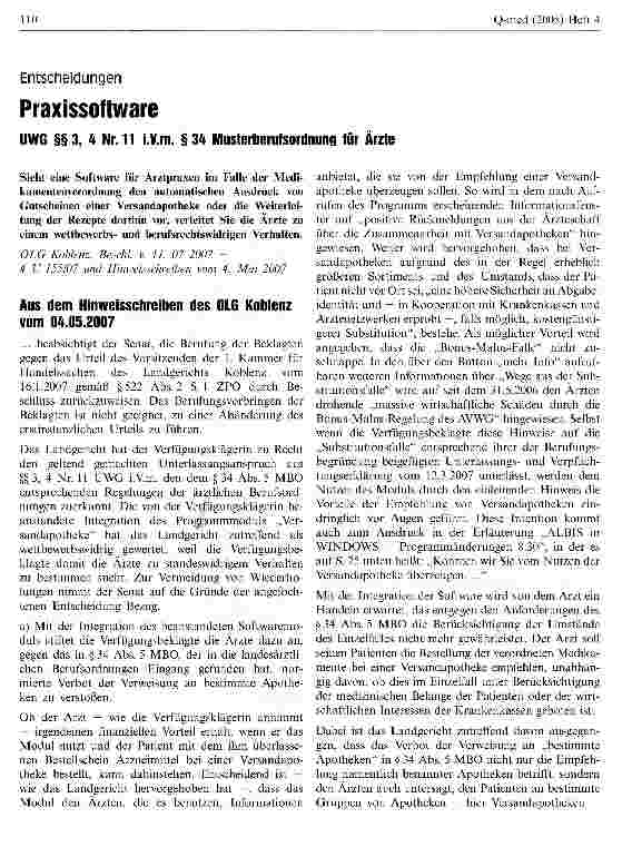 Vorschauseite 1: EntscheidungenPraxissoftwareUWG §§3, 4 Nr. 11 i.V.m. §34 Musterberufsordnung für Ärzte