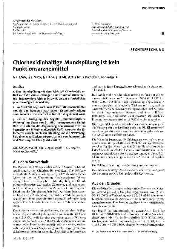 Vorschauseite 1: Chlorhexidinhaltige Mundspülung ist kein Funktionsarzneimittel