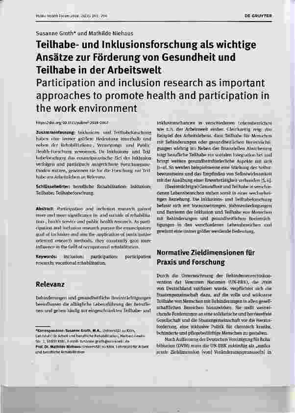 Vorschauseite 1: Teilhabeund Inklusionsforschung als wichtige Ansätze zur Förderung von Gesundheit und Teilhabe in der Arbeitswelt Participation and inclusion research as important approaches to p…
