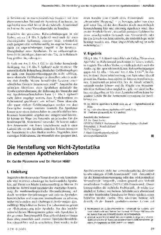 Vorschauseite 1: Die Herstellung von Nicht-Zytostatika in externen Apothekenlabors