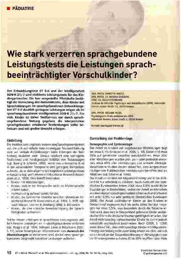 Vorschauseite 1: Wie stark verzerren sprachgebundene Leistungstests die Leistungen sprachbeeinträchtigter Vorschulkinder?