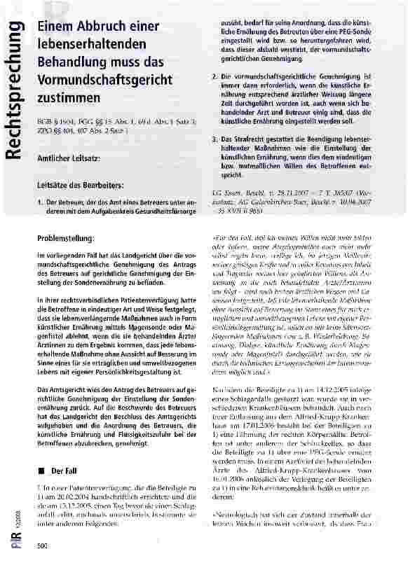Vorschauseite 1: Einem Abbruch einer lebenserhaltenden Behandlung muss das Vormundschaftsgericht zustimmenBGB § 1904; FGG §§ 15 Abs. 1, 69 d Abs. 1 Satz 3; ZPO §§ 404, 407 Abs. 2 Satz 1
