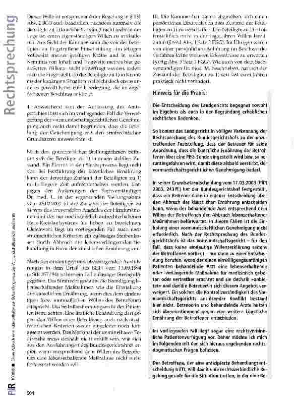 Vorschauseite 5: Einem Abbruch einer lebenserhaltenden Behandlung muss das Vormundschaftsgericht zustimmenBGB § 1904; FGG §§ 15 Abs. 1, 69 d Abs. 1 Satz 3; ZPO §§ 404, 407 Abs. 2 Satz 1