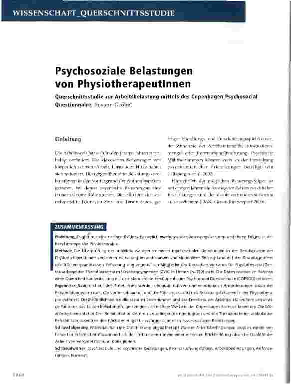 Vorschauseite 1: Psychosoziale Belastungen von Physiotherapeutlnnen Querschnittsstudie zur Arbeitsbelastung mittels des Copenhagen Psychosocial Questionnaire