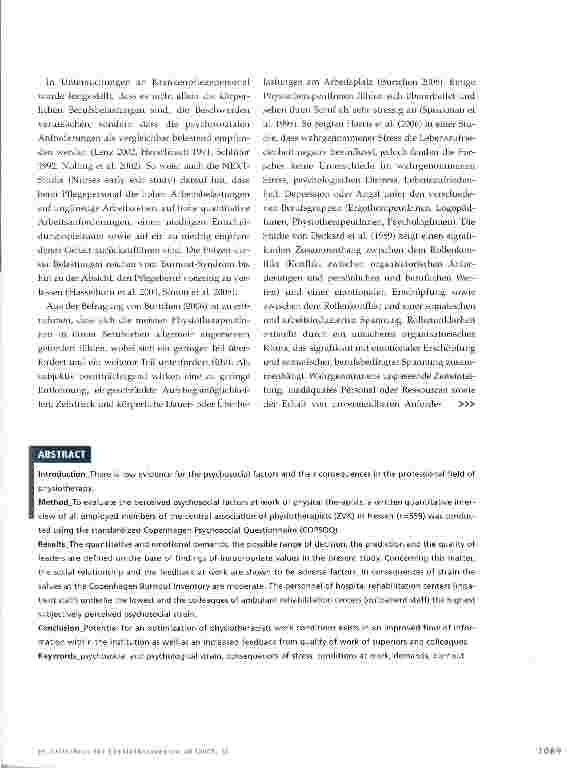 Vorschauseite 2: Psychosoziale Belastungen von Physiotherapeutlnnen Querschnittsstudie zur Arbeitsbelastung mittels des Copenhagen Psychosocial Questionnaire