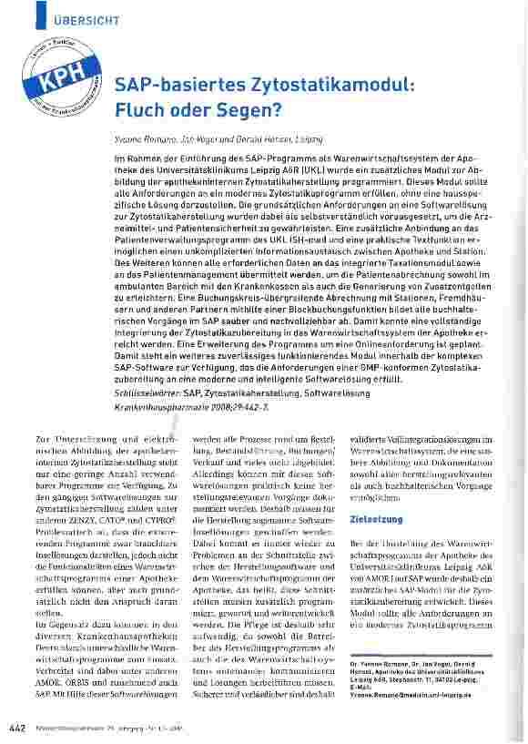 Vorschauseite 1: SAP-basiertes Zytostatikamodul: Fluch oder Segen?