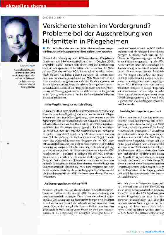 Vorschauseite 1: Versicherte stehen im Vordergrund? Probleme bei der Ausschreibung von Hilfsmitteln in Pflegeheimen