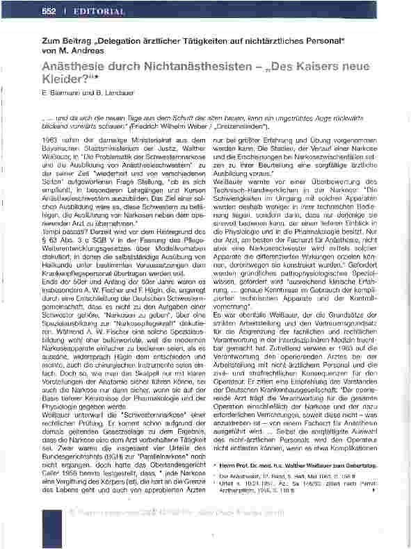 Vorschauseite 1: Anästhesie durch Nichtanästhesisten - „Des Kaisers neue Kleider?*