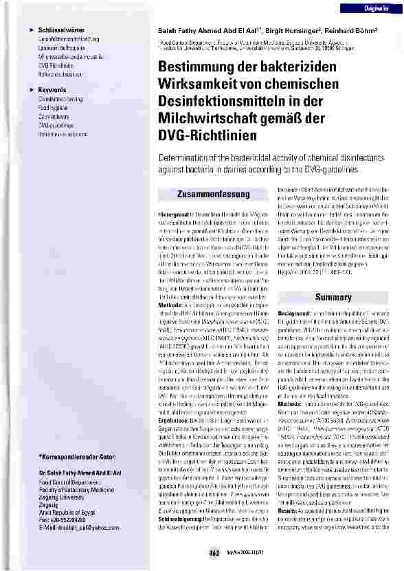 Vorschauseite 1: Bestimmung der bakteriziden Wirksamkeit von chemischen Desinfektionsmitteln in der Milchwirtschaft gemäß der DVG-Richtlinien
