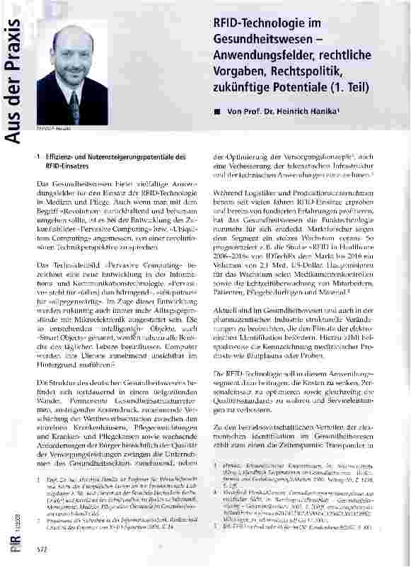 Vorschauseite 1: RFID-Technologie im Gesundheitswesen -Anwendungsfelder, rechtliche Vorgaben, Rechtspolitik, zukünftige Potentiale (1. Teil)