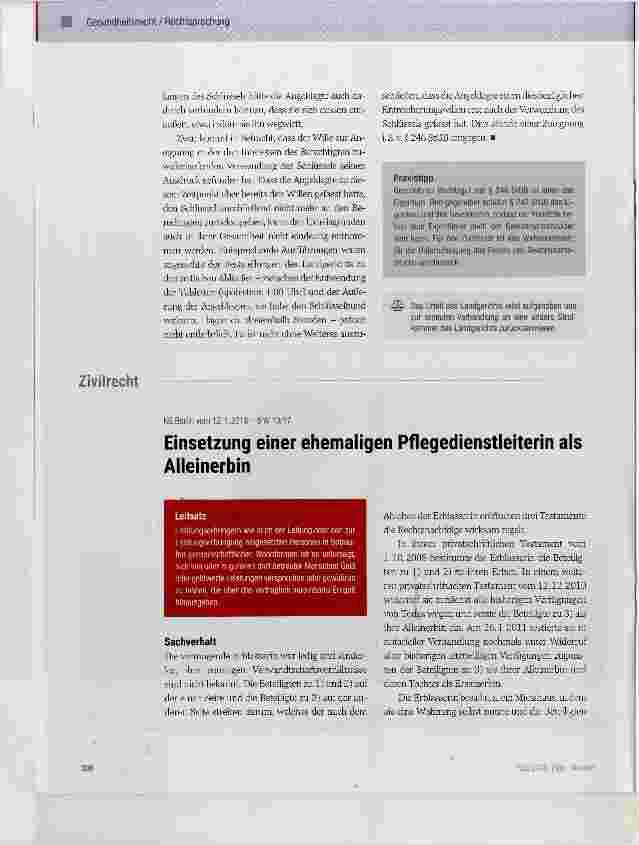 Vorschauseite 1: Einsetzung einer ehemaligen Pflegedienstleiterin als Alleinerbin
