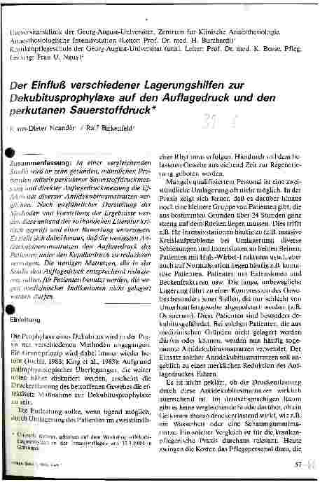 Vorschauseite 1: Der Einfluß verschiedener Lagerungshilfen zur Dekubitusprophylaxe auf den Auflagedruck und den perkutanen Sauerstoffdruck