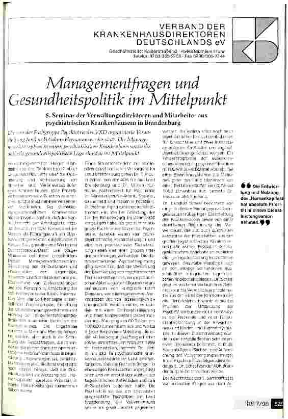 Vorschauseite 1: Managementfragen und Gesundheitspolitik im Mittelpunkt 8. Seminar der Verwaltungsdirektoren und Mitarbeiter aus psychiatrischen Krankenhäusern in Brandenburg