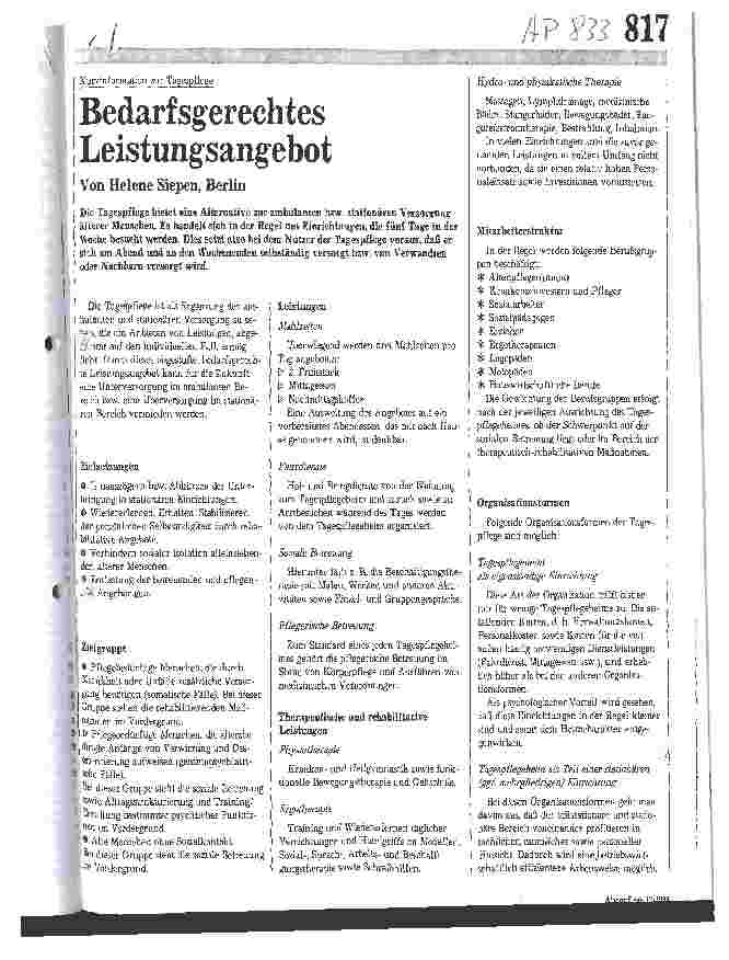 Vorschauseite 1: Kurzinformation zur Tagespflege: Bedarfsgerechtes Leistungsangebot