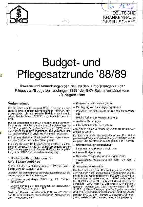 Vorschauseite 1: Budgetund Pflegesatzrunde 1988/89