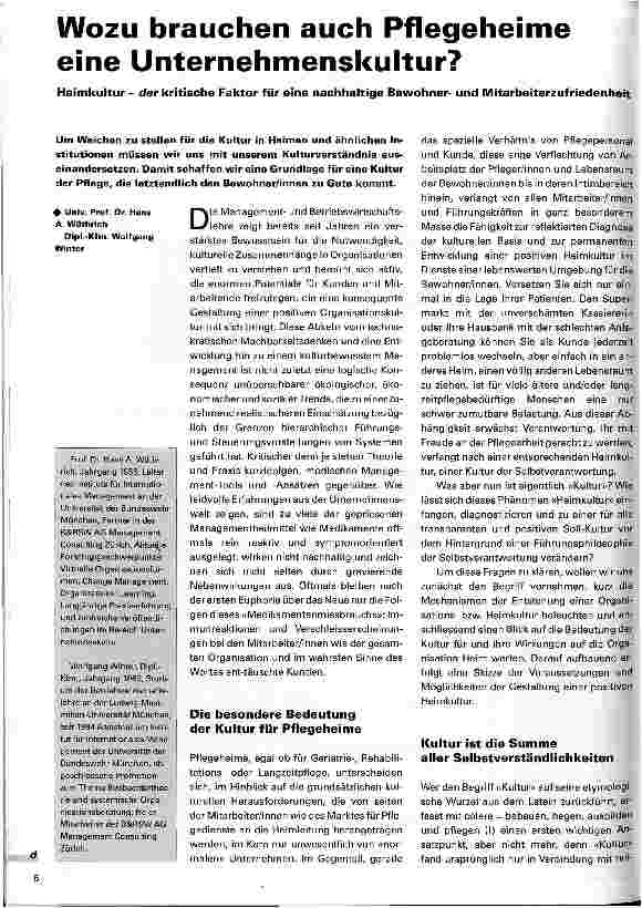 Vorschauseite 1: Wozu brauchen auch Pflegeheime eine Unternehmenskultur? Heimkultur - der kritische Faktor für nachhaltige Zufriedenheit der Bewohner