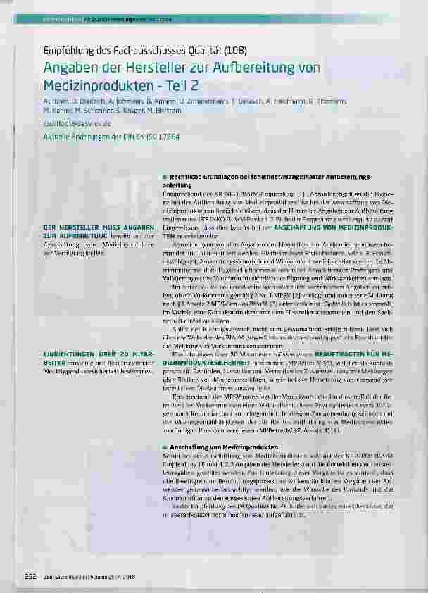 Vorschauseite 1: Angaben der Hersteller zur Aufbereitung von Medizinprodukten Teil 2