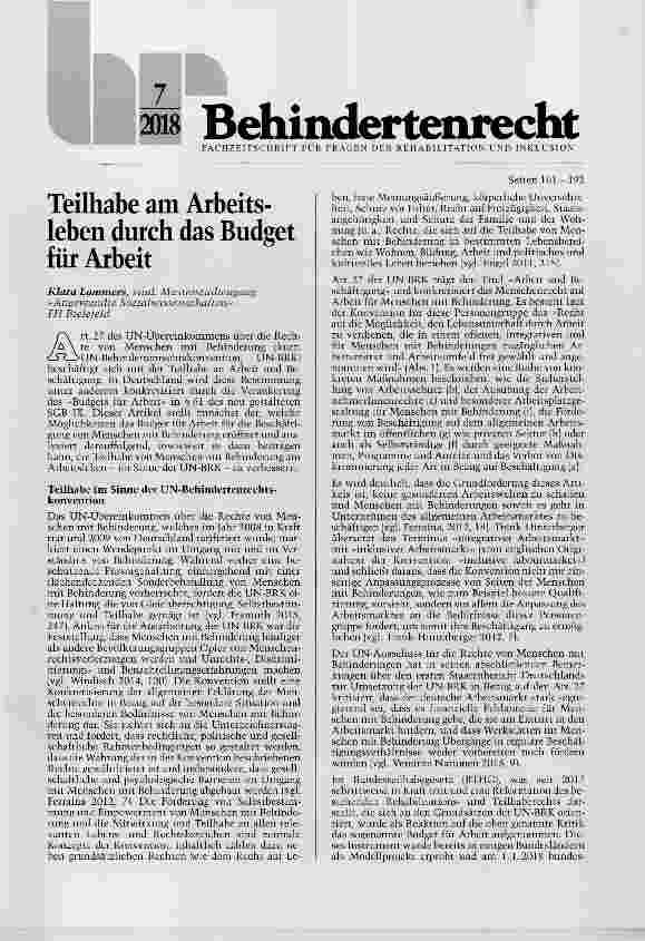 Vorschauseite 1: Teilhabe am Arbeitsleben durch das Budget für Arbeit
