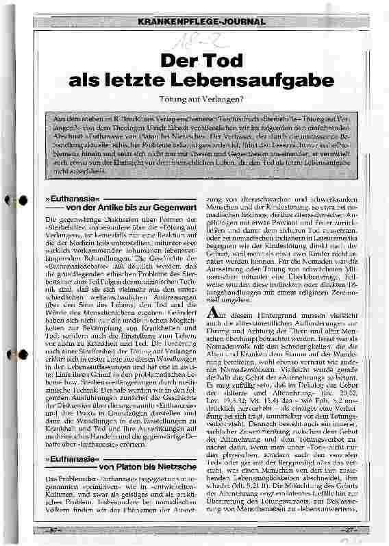 Vorschauseite 1: Der Tod als letzte Lebensaufgabe Tötung auf Verlangen?