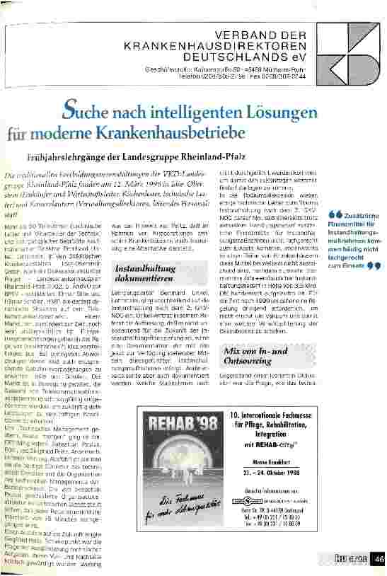 Vorschauseite 1: Suche nach intelligenten Lösungen für moderne Krankenhausbetriebe Frühjahrslehrgänge der Landesgruppe Rheinland-Pfalz