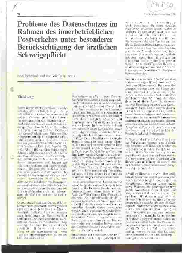 Vorschauseite 1: Probleme des Datenschutzes im Rahmen des innerbetrieblichen Postverkehrs unter besonderer Berücksichtigung d.ärztl.Schweigepflicht