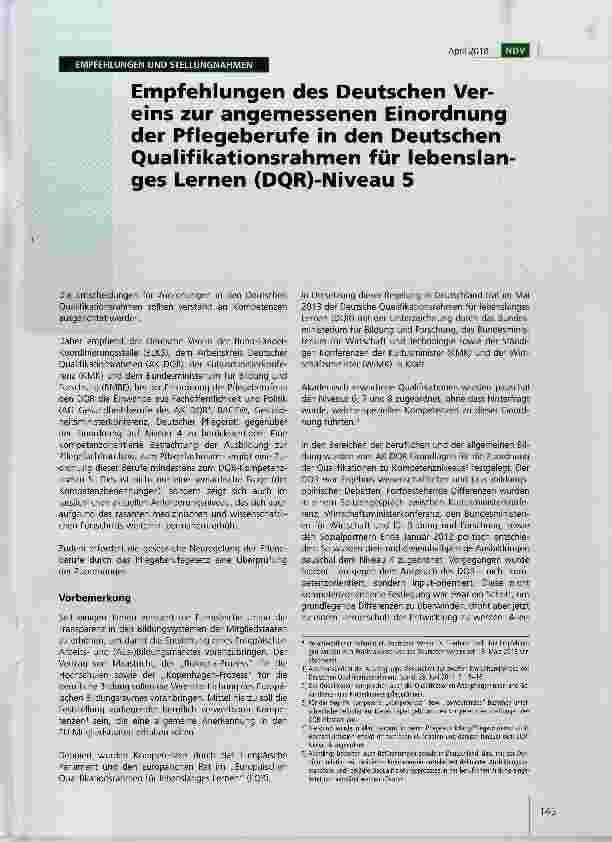 Vorschauseite 1: Empfehlungen des Deutschen Vereins zur angemessenen Einordnung der Pflegeberufe in den Deutschen Qualifikationsrahmen für lebenslanges Lernen (DQR)-Niveau 5