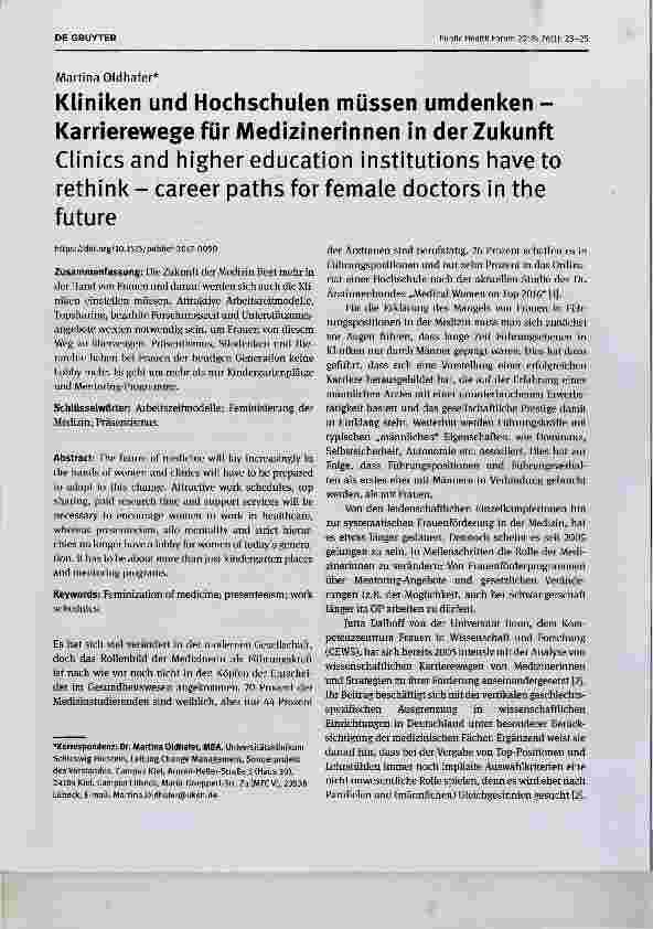 Vorschauseite 1: Kliniken und Hochschulen müssen umdenken Karrierewege für Medizinerinnen in der Zukunft