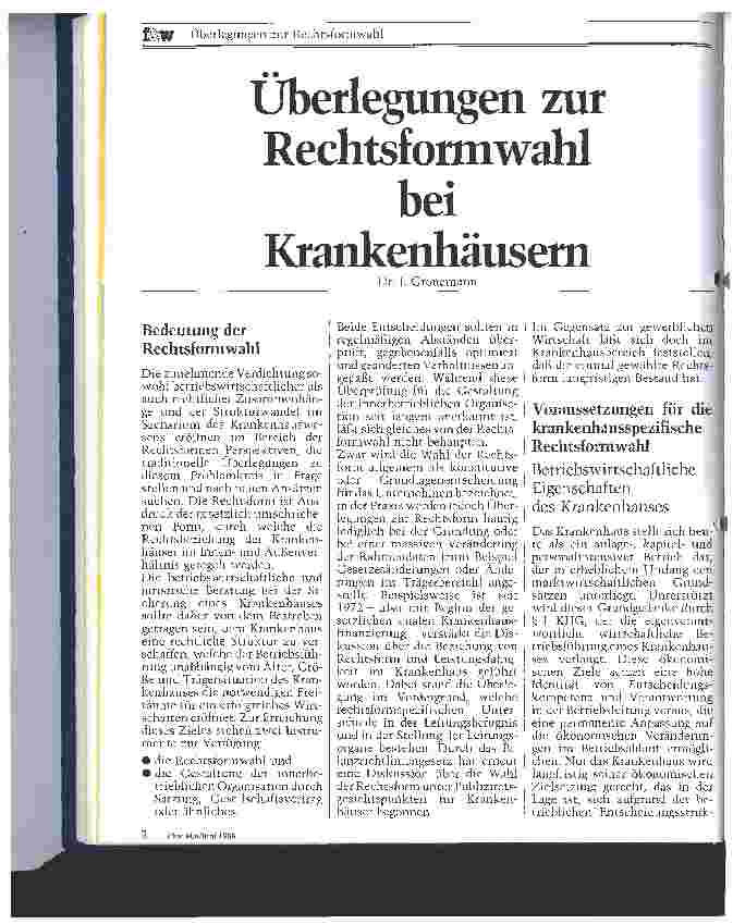 Vorschauseite 1: Überlegungen zur Rechtsformwahl bei Krankenhäusern