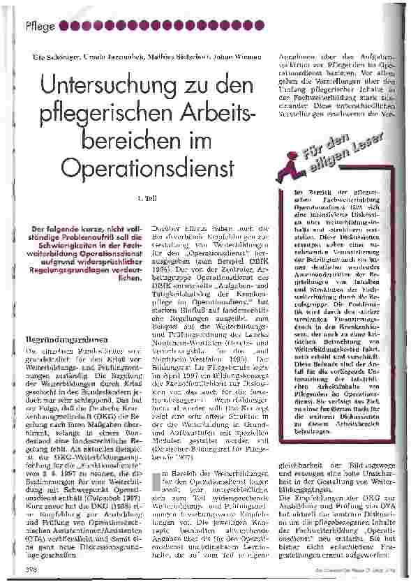 Vorschauseite 1: Untersuchung zu den pflegerischen Arbeitsbereichen im Operationsdienst 1. Teil