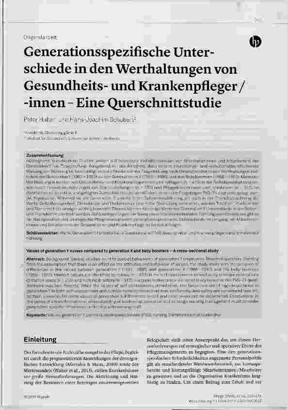 Vorschauseite 1: Generationsspezifische Unterschiede in den Werthaltungen von Gesundheitsund Krankenpfleger /-innen Eine Querschnittstudie