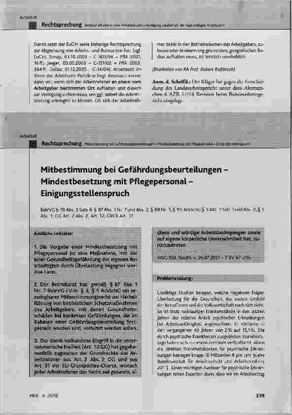Vorschauseite 1: Mitbestimmung bei Gefährdungsbeurteilungen Mindestbesetzung mit Pflegepersonal Einigungsstellenspruch