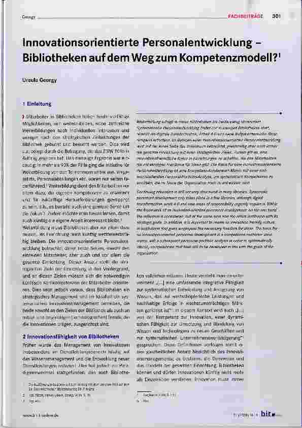 Vorschauseite 1: Innovationsorientierte Personalentwicklung Bibliotheken auf dem Weg zum Kompetenzmodell?