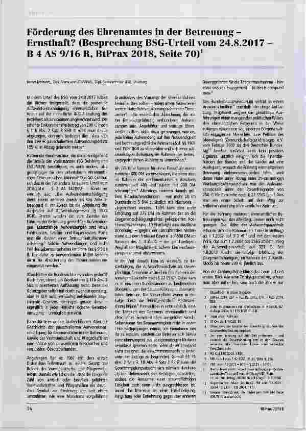 Vorschauseite 1: Förderung des Ehrenamtes in der Betreuung - Ernsthaft? (Besprechung BSG-Urteil vom 24.8.2017 - B 4 AS 9/16 B, BtPrax 2018, Seite 70)