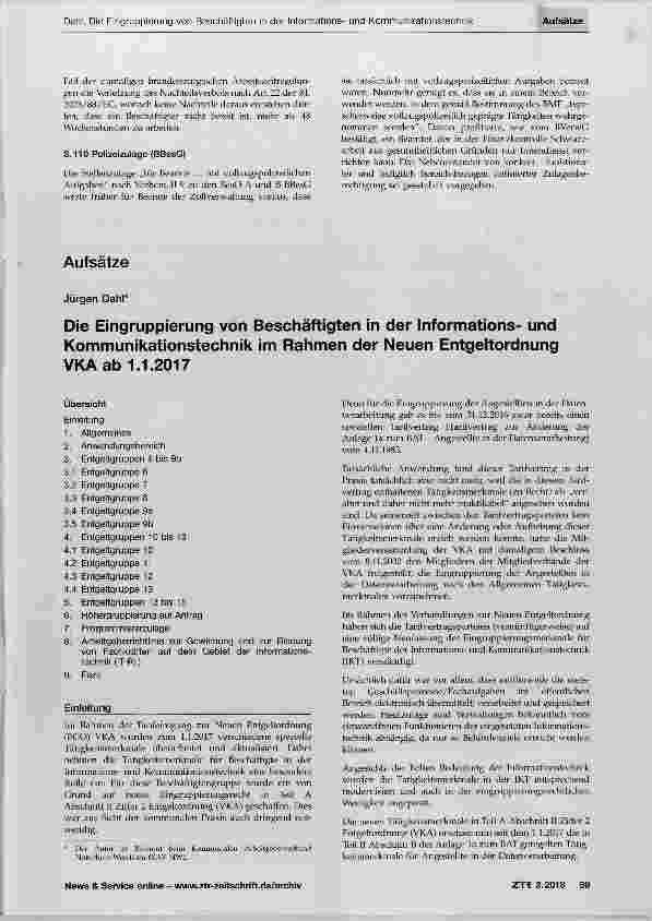 Vorschauseite 1: Die Eingruppierung von Beschäftigten in der Informationsund Kommunikationstechnik im Rahmen der Neuen Entgeltordnung VKA ab 1. 1. 2017