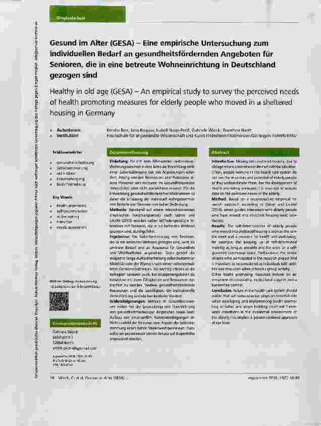 Vorschauseite 1: Gesund im Alter (GESA) Eine empirische Untersuchung zum individuellen Bedarf an gesundheitsfördernden Angeboten für Senioren, die in eine betreute Wohneinrichtung in Deutschland g…