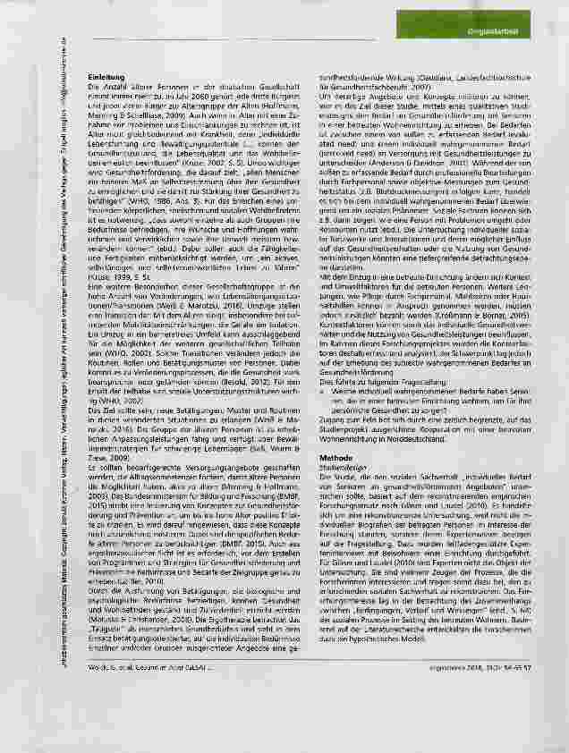 Vorschauseite 2: Gesund im Alter (GESA) Eine empirische Untersuchung zum individuellen Bedarf an gesundheitsfördernden Angeboten für Senioren, die in eine betreute Wohneinrichtung in Deutschland g…