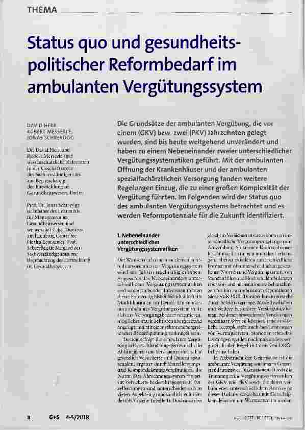 Vorschauseite 1: Status quo und gesundheitspolitischer Reformbedarf im ambulanten Vergütungssystem