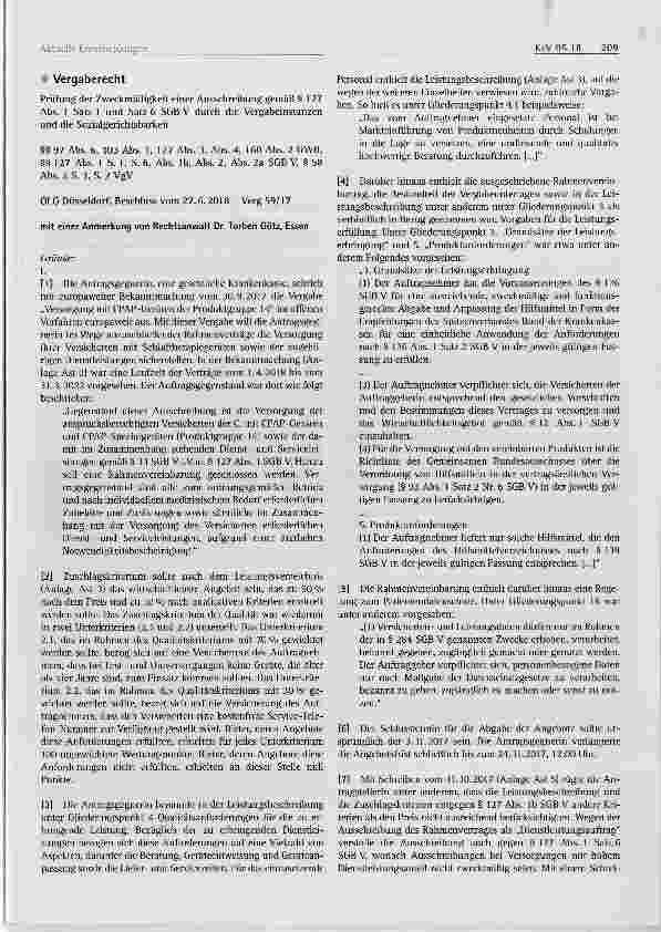 Vorschauseite 1: Prüfung der Zweckmäßigkeit einer Ausschreibung gemäß § 127 Abs. 1 Satz 1 und Satz 6 SGB V durch die Vergabeinstanzen und die Sozialgerichtsbarkeit