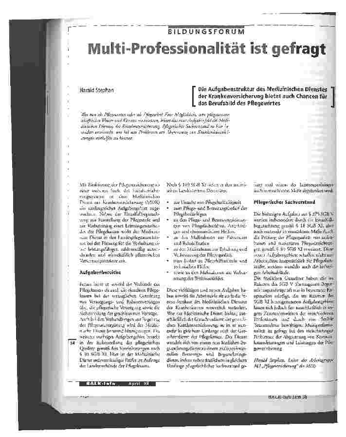Vorschauseite 1: Multi-Professionalität ist gefragt Die Aufgabenstruktur des Medizinischen Dienstes der Krankenversicherung bietet auch Chancen für das Berufsbild des Pflegewirts