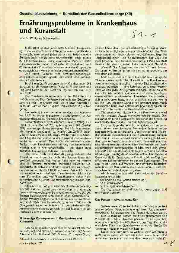 Vorschauseite 1: Ernährungsprobleme in Krankenhaus und Kuranstalt Gesundheitserziehung - Kernstück der Gesundheitsvorsorge (XII)