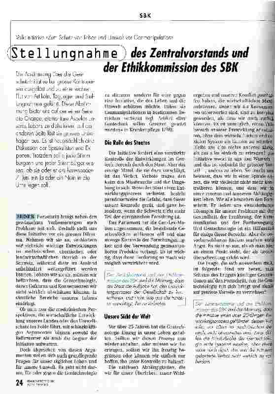 Vorschauseite 1: Stellungnahme des Zentralvorstands und der Ethikkommission des SBK Volksinitiative Zum Schutz von Leben und Umwelt vor Genmanipulation