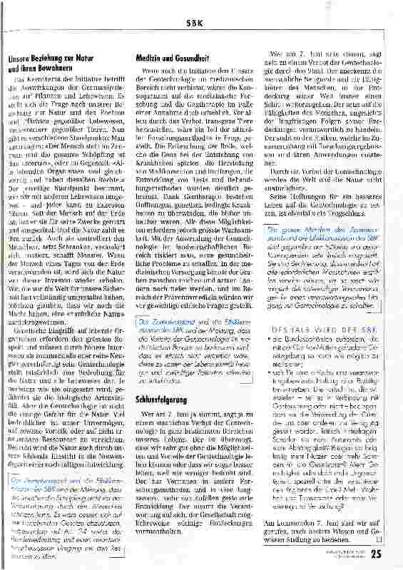 Vorschauseite 2: Stellungnahme des Zentralvorstands und der Ethikkommission des SBK Volksinitiative Zum Schutz von Leben und Umwelt vor Genmanipulation