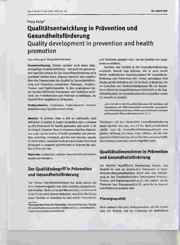 Vorschauseite 1: Qualitätsentwicklung in Prävention und Gesundheitsförderung