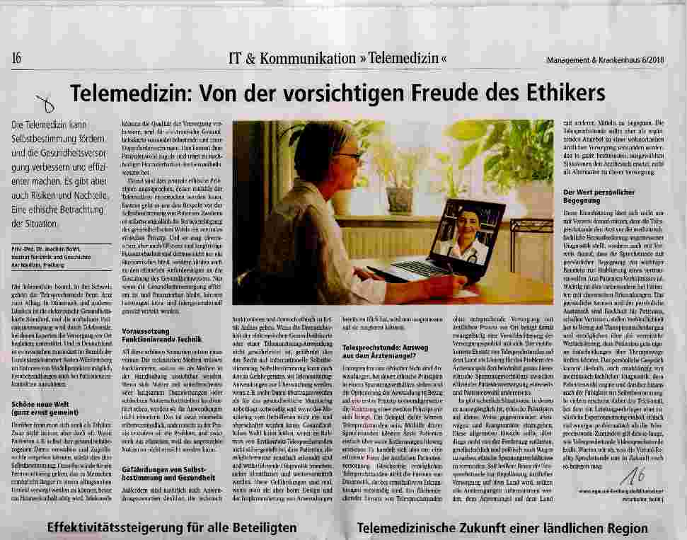 Vorschauseite 1: Telemedizin: Von der vorsichtigen Freude des Ethikers